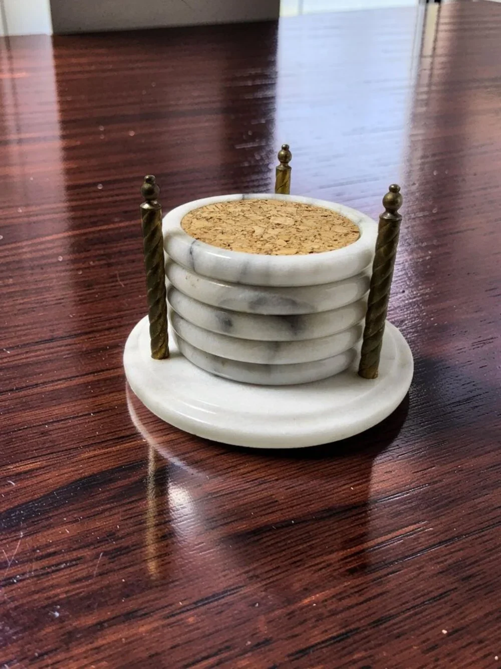 Vintage Brass and White and Gray Marble Set of 5 Cork Coasters